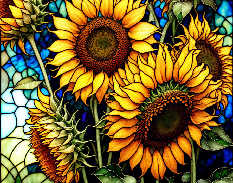 Colorful Stained Glass Artwork: Sunflowers on Blue Mosaic