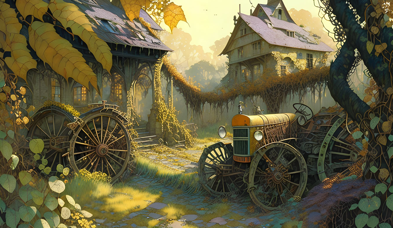 Rural landscape with old tractor, cobwebbed wheels, quaint house & lush vegetation