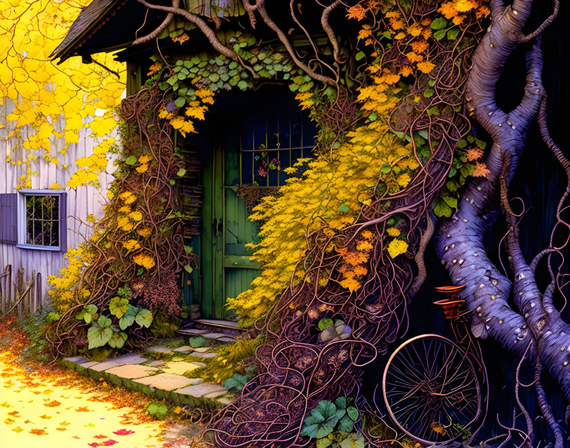 Autumn-themed cottage with green door, bicycle, and fallen leaves