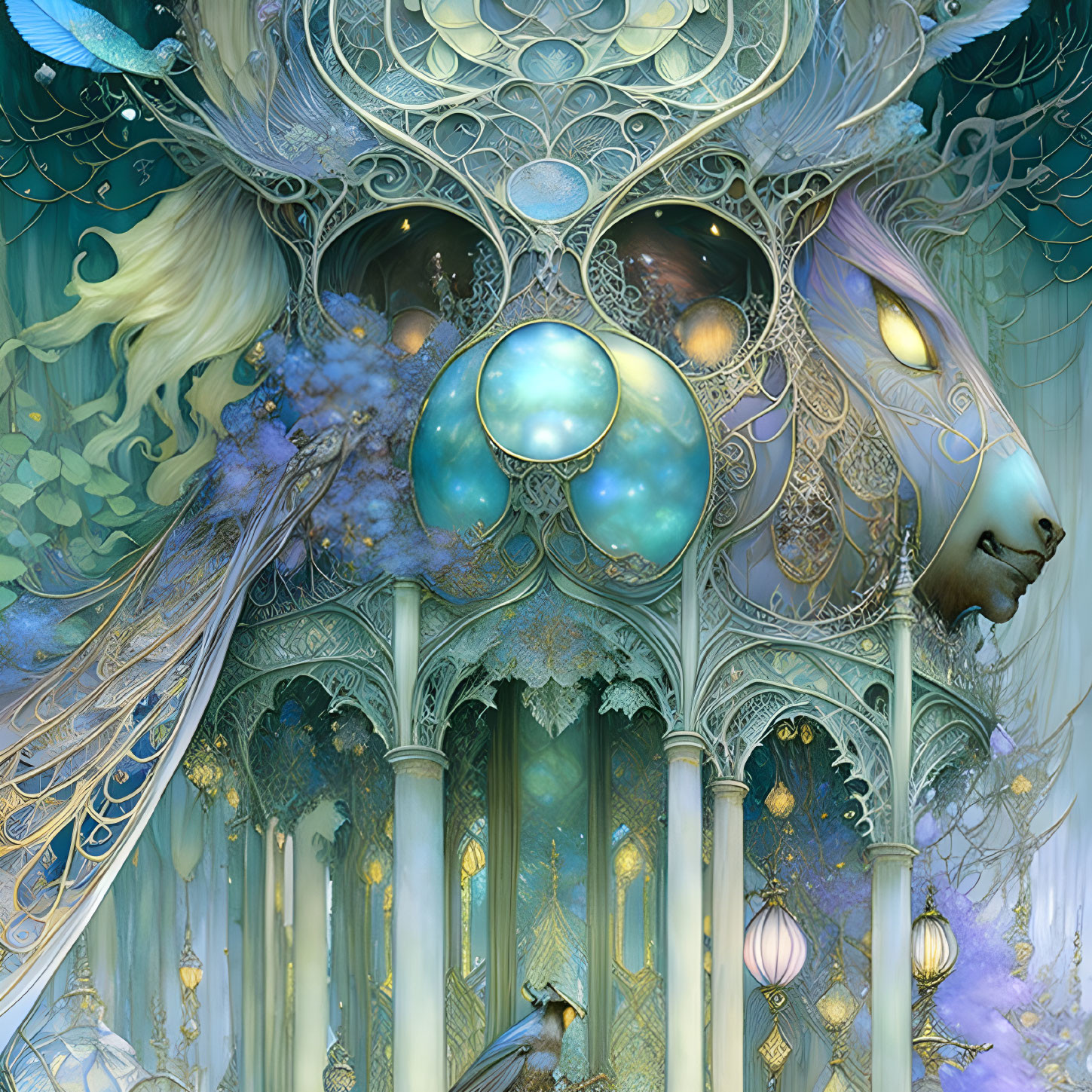 Ethereal artwork blending architecture and nature with ornate details and fantastical creatures