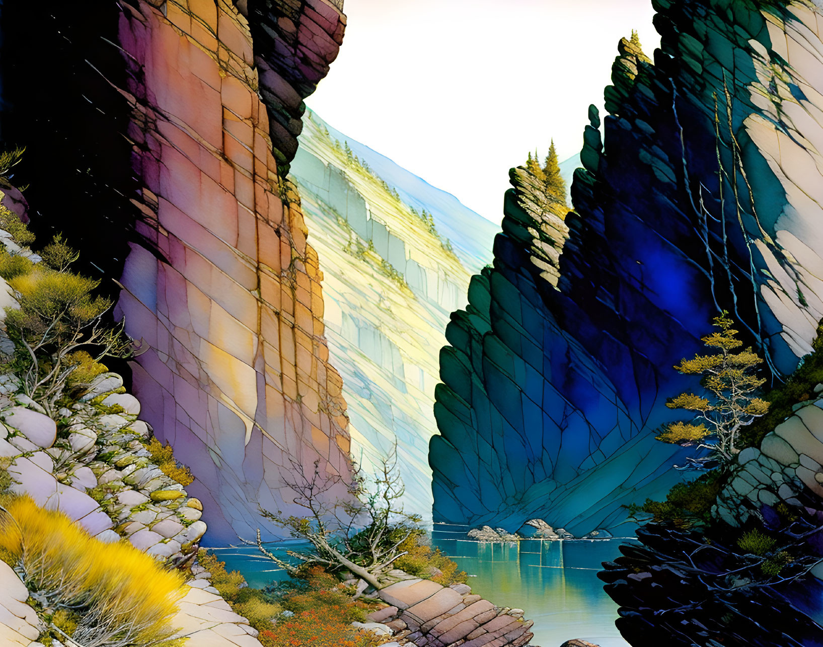 Vividly Colored Digital Artwork: Surreal Landscape with Rock Formations & River