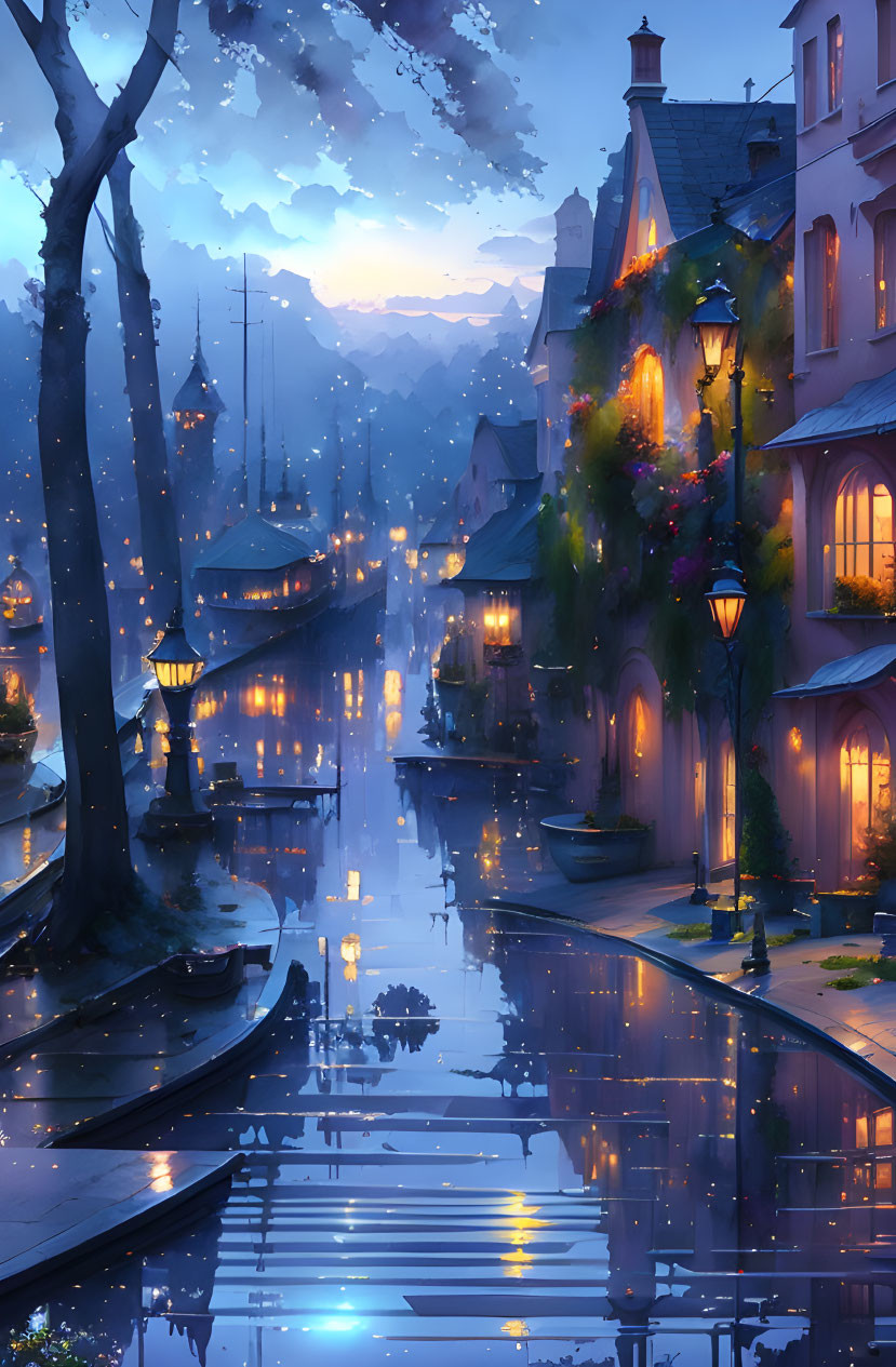 Twilight cityscape with cobblestone streets, charming houses, and blooming flowers in mountainous