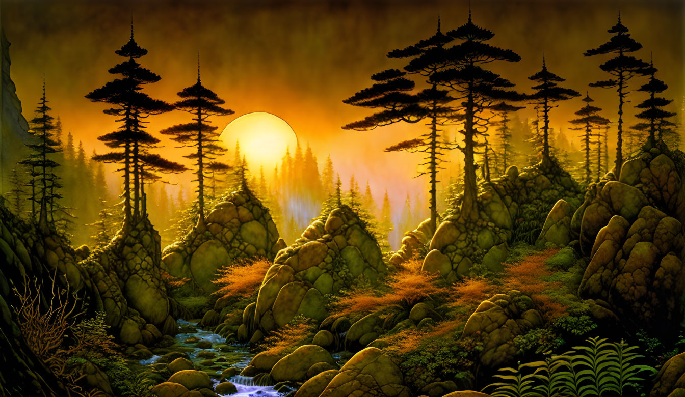 Mystical forest with pine trees, rocky terrain, stream, and golden sunset