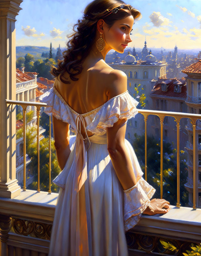 Woman in white off-the-shoulder dress on balcony overlooking scenic view