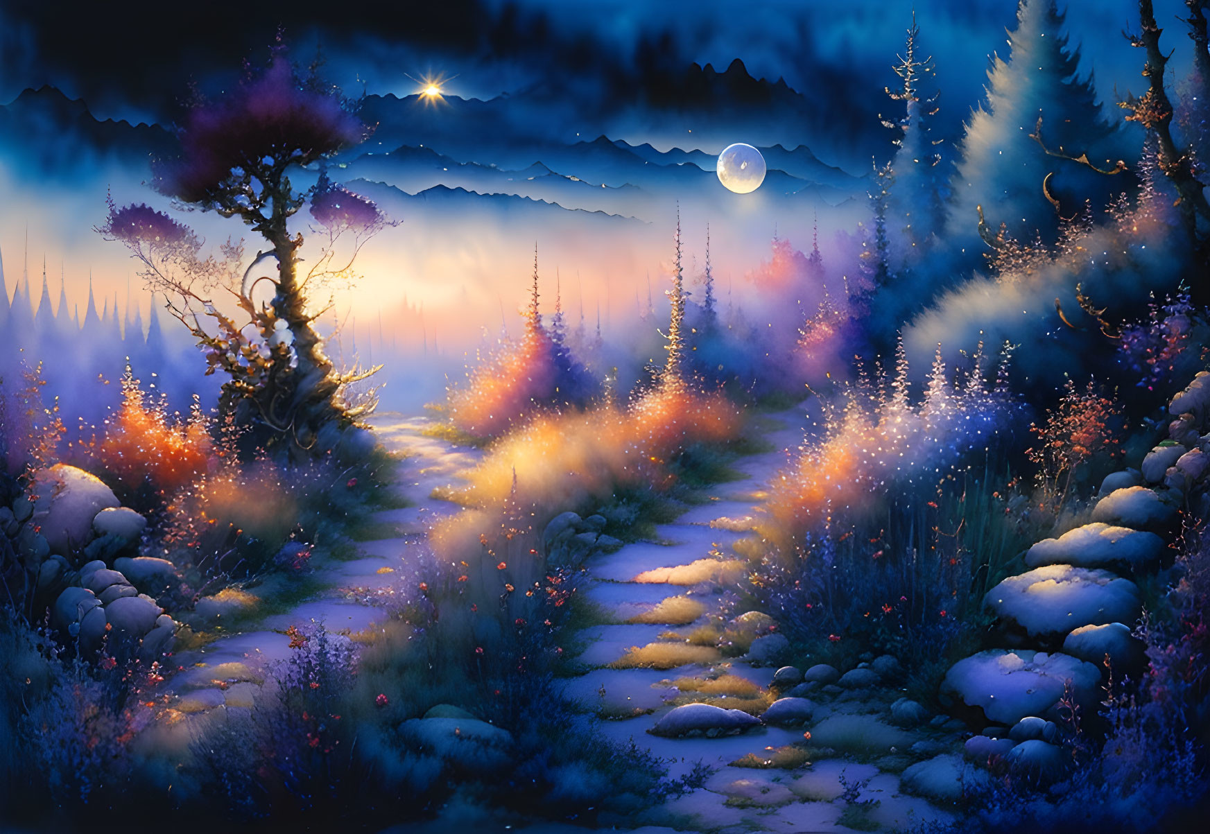 Snowy night landscape with winding path under starry sky & full moon, misty mountains in distance