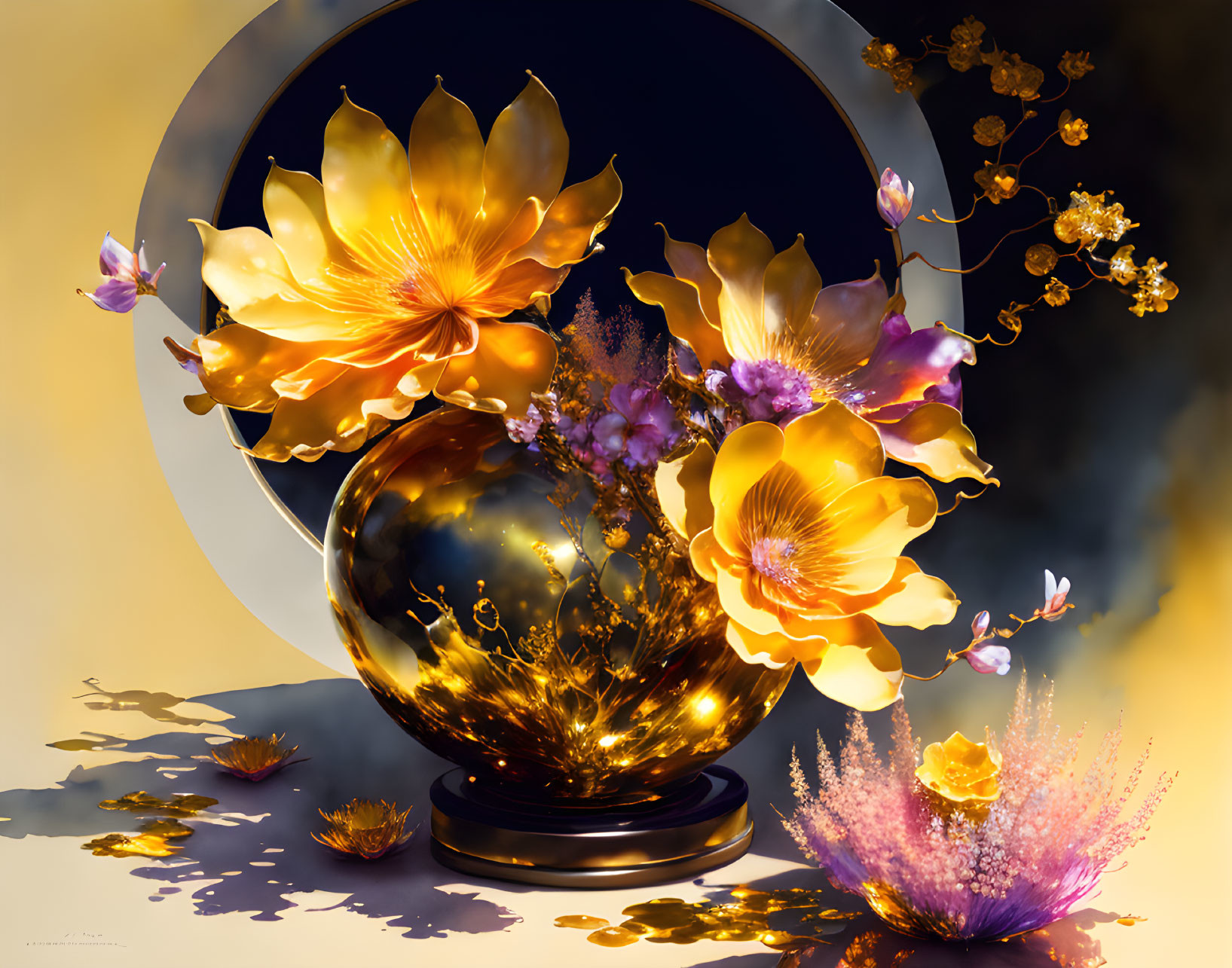 Golden flowers in spherical vase on circular backdrop with luminous swirls