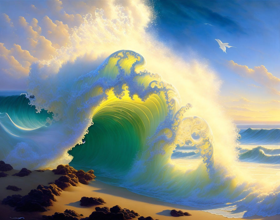 Detailed painting of sunlit ocean wave with foam patterns and bird.