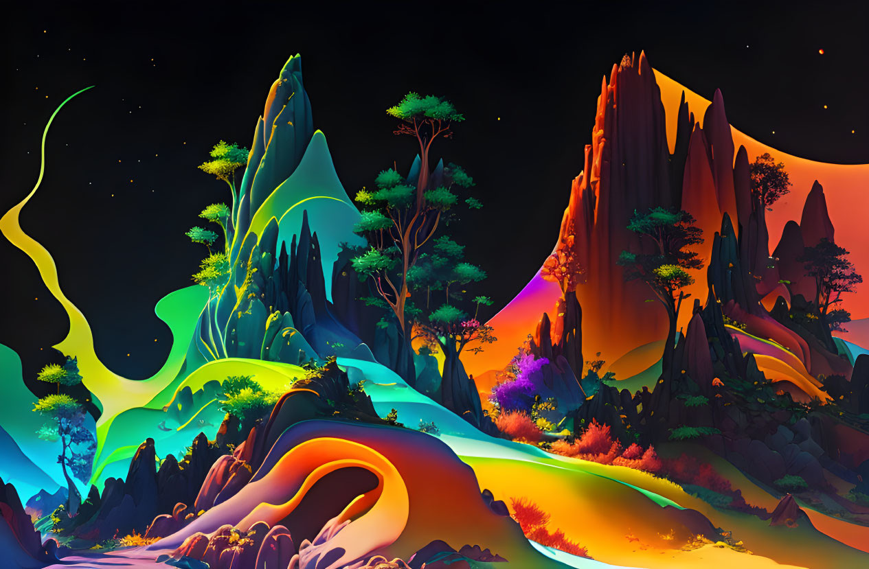 Fantastical landscape with colorful mountains and surreal vegetation