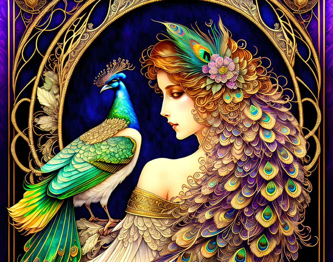 Woman with peacock features and vibrant tail beside peacock on ornate background