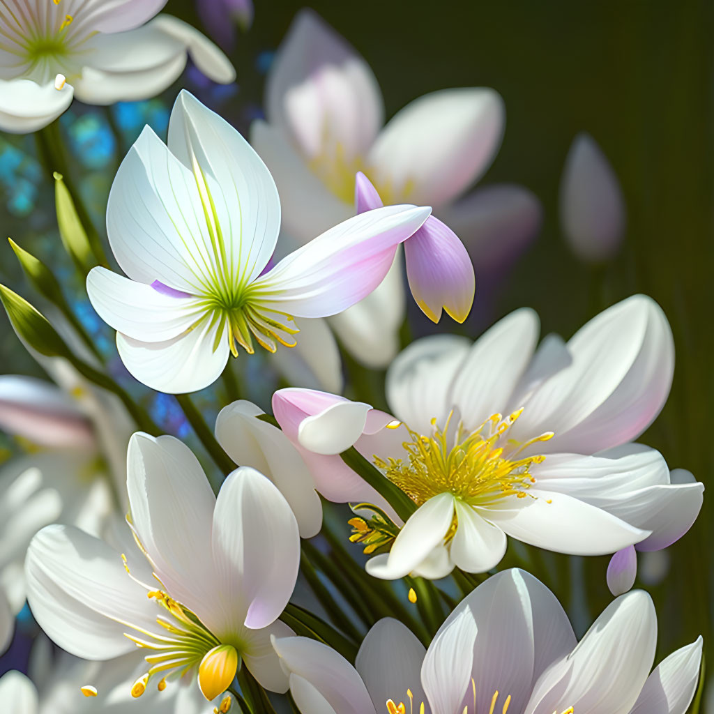 Delicate white and pink flowers with yellow centers on blurred background