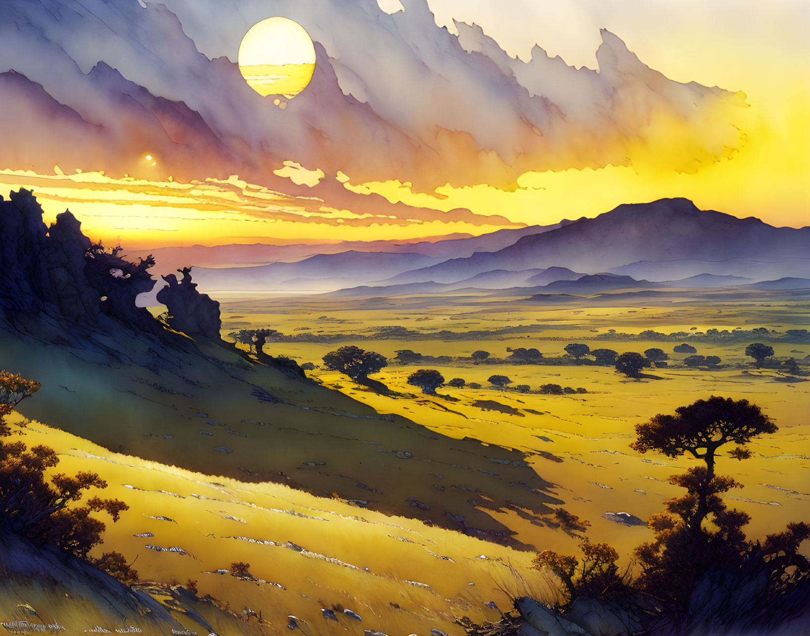 Scenic sunset over savanna with warm glow on trees & mountains