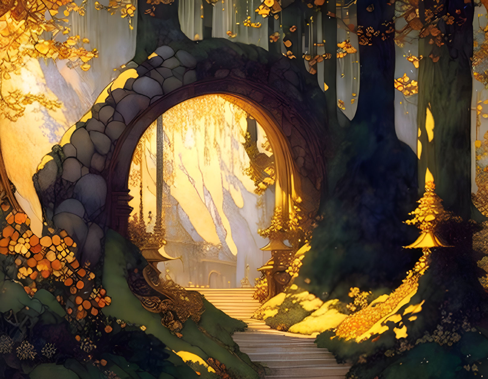 Mystical forest scene with stone archway and glowing flora