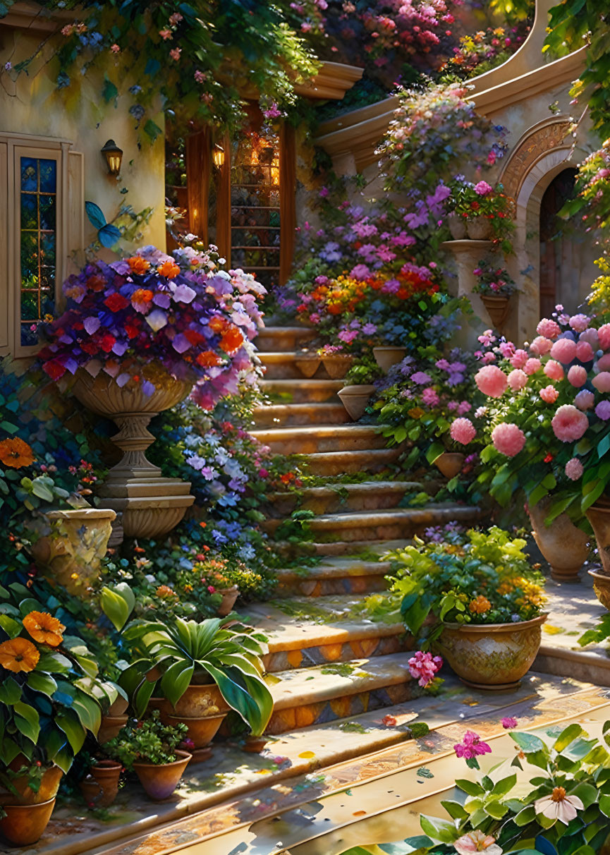 Stone Staircase with Colorful Flowers Leading to Rustic Home