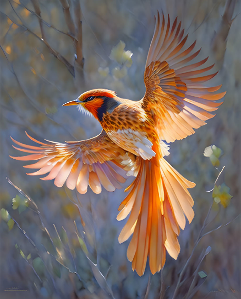 Colorful Bird in Mid-Flight with Orange, Brown, and Blue Feathers