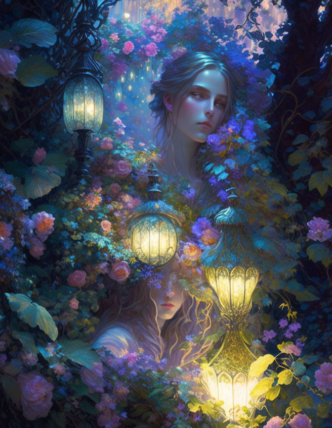 Ethereal artwork: Mirrored woman's faces in mystical forest with lanterns