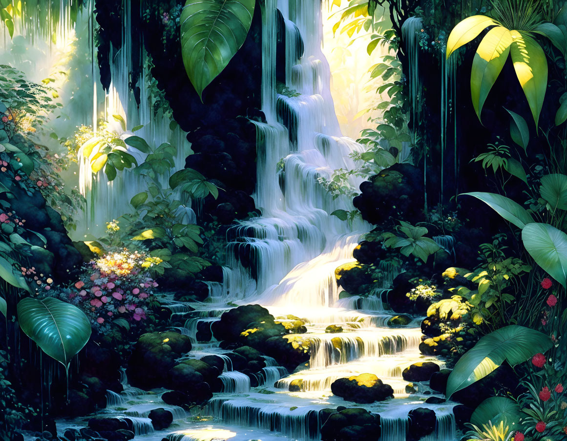 Lush forest waterfall with sunlight filtering through foliage