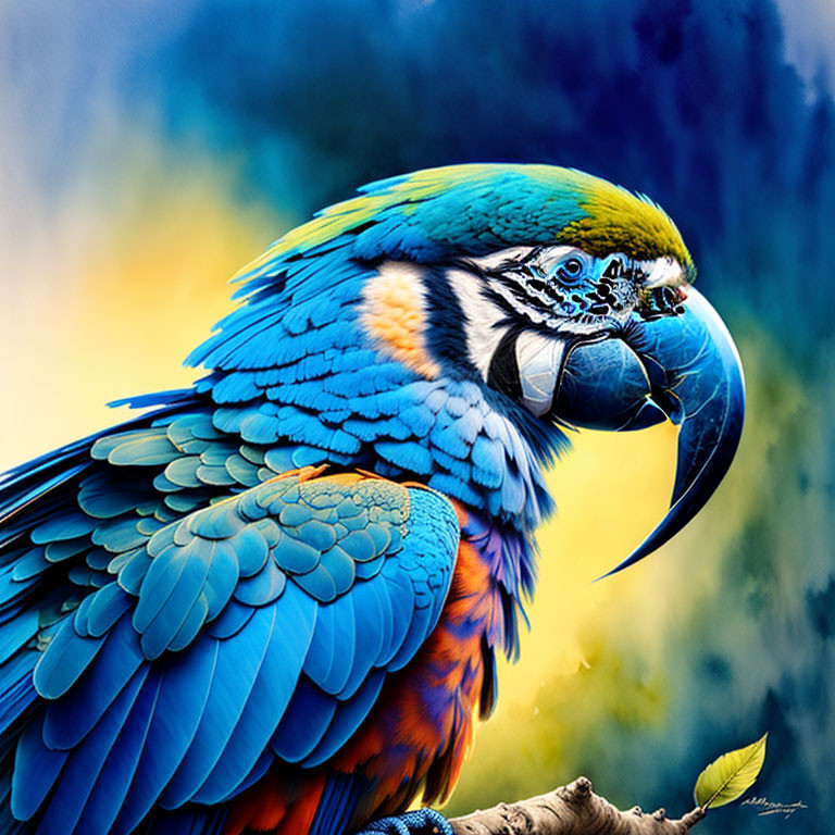 Colorful Macaw with Detailed Feathers on Blue and Yellow Background