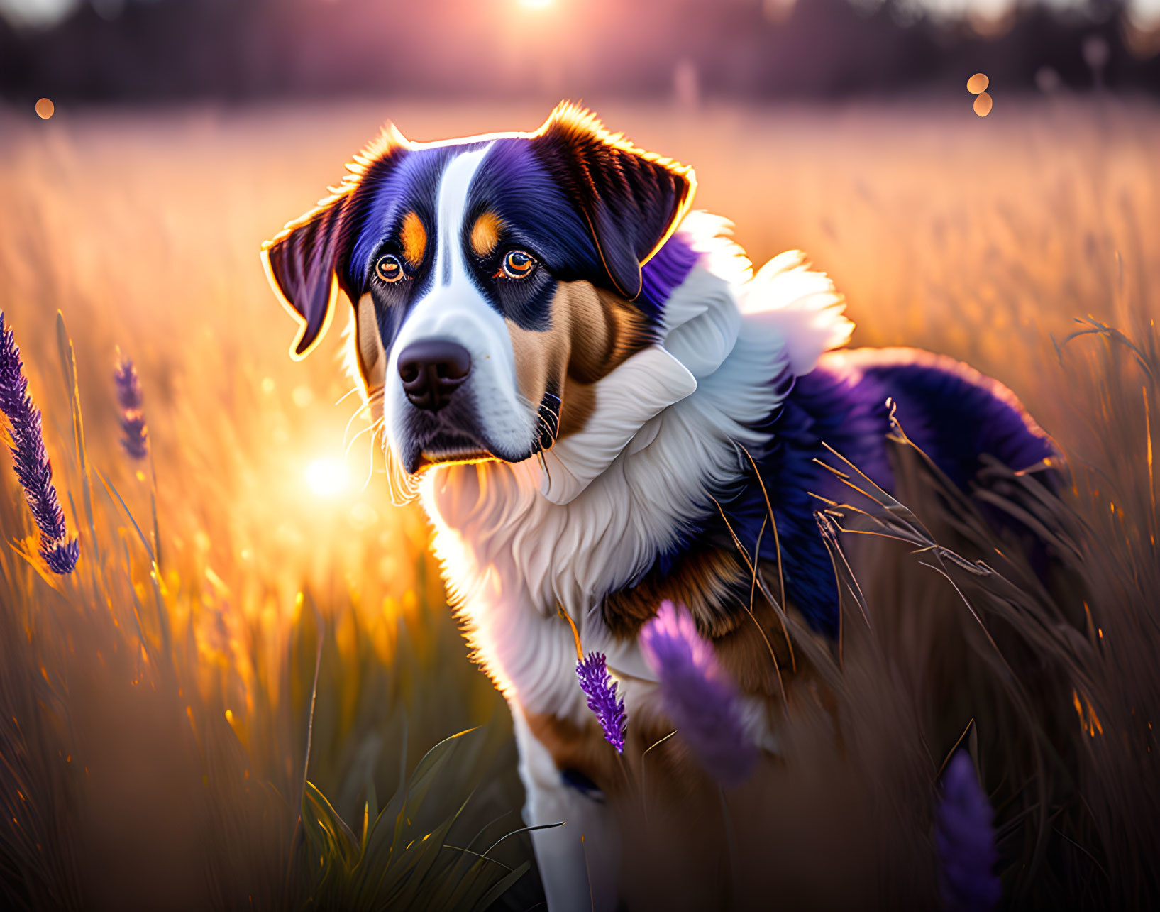 Tricolor dog with striking eyes in golden field at sunset