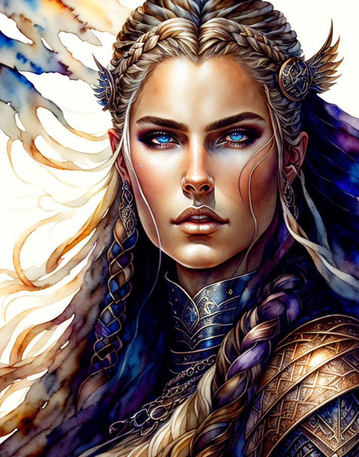 Detailed Illustration: Warrior Woman with Braided Hair, Striking Blue Eyes, Elaborate Armor