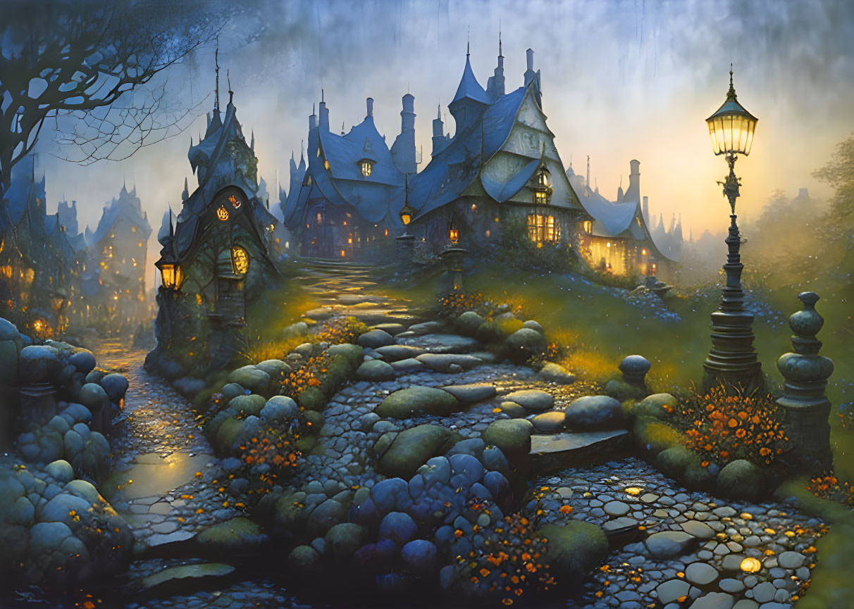 Twilight cobblestone path with illuminated cottages amid lush flora