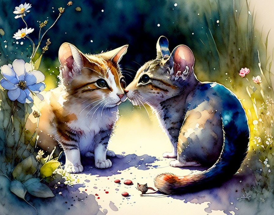 Illustrated cats with watercolor effect touching noses among flowers under soft light