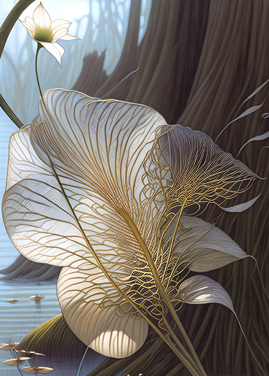 Stylized white flowers with gold vein patterns on brown and blue background