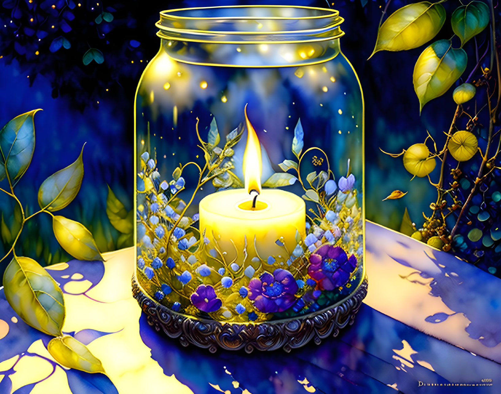 Candle in glass jar lights blue flowers and yellow leaves at night