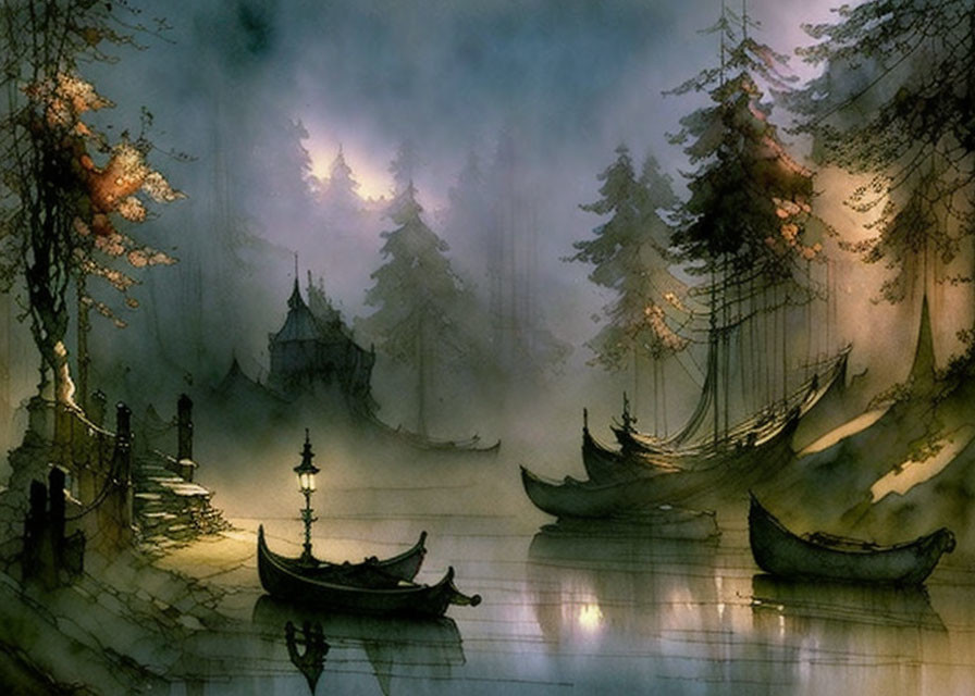 Ethereal landscape with silhouetted trees, boats, and distant pagoda in misty