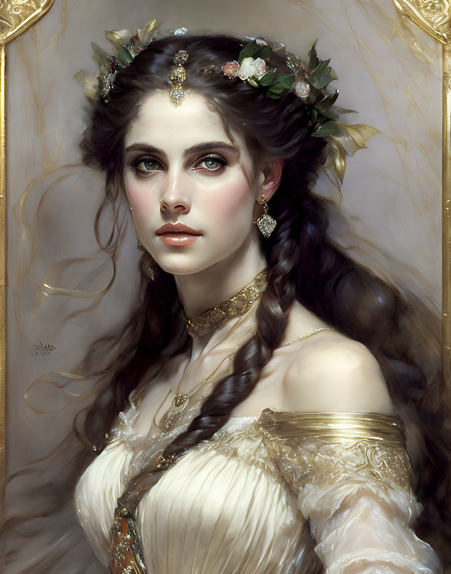 Portrait of woman with floral crown, braided hair, jewelry, and off-shoulder gown ex