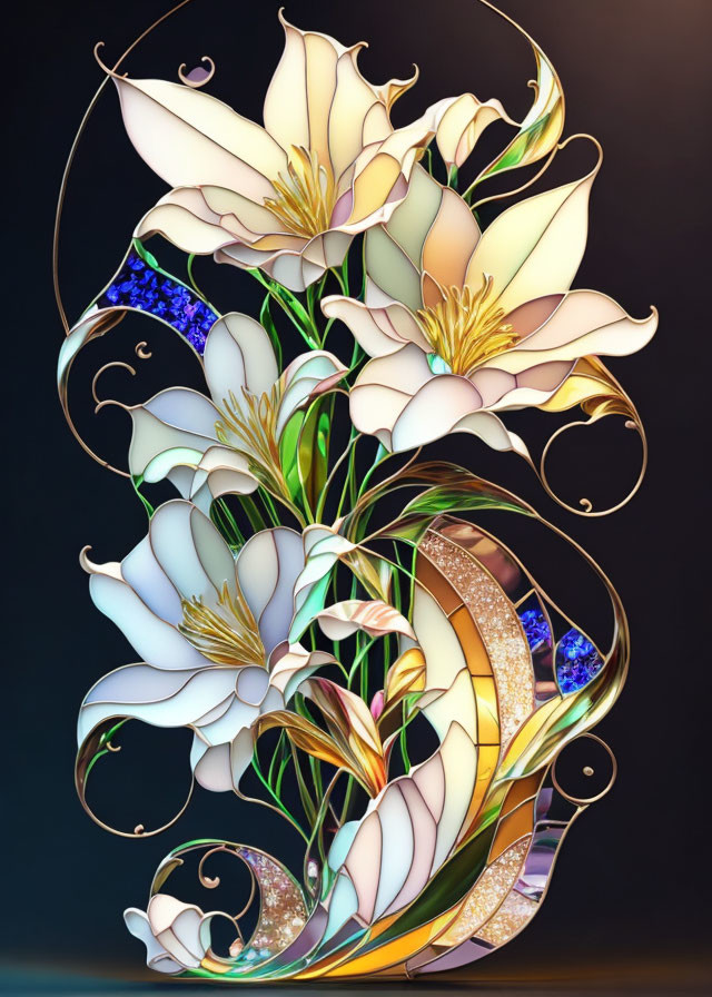 White lilies with gold and blue swirls on dark background