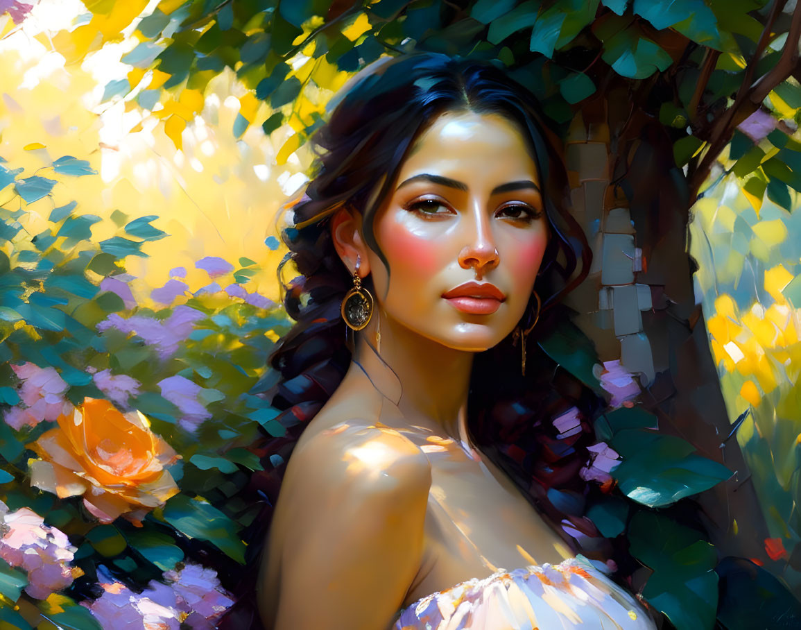 Dark-haired woman portrait in vibrant impressionistic setting