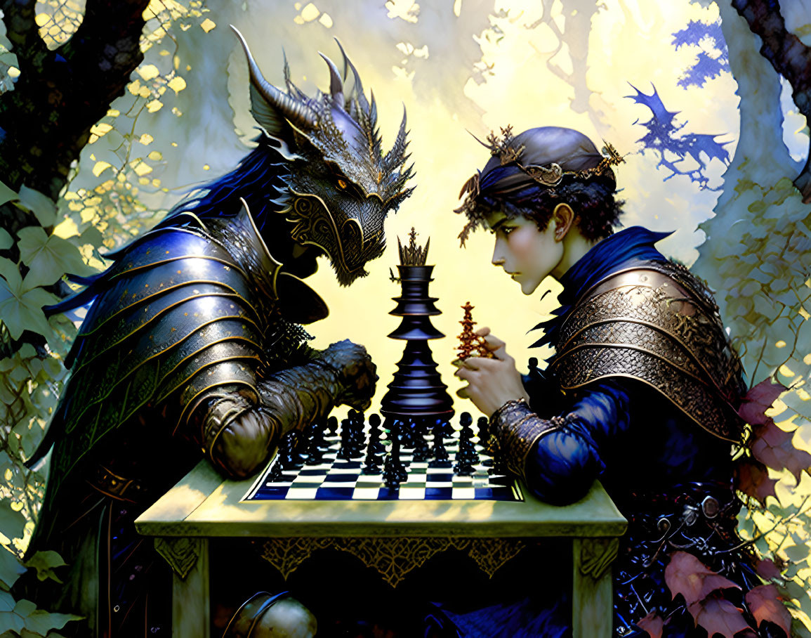 Knight in armor plays chess with dragon-headed figure in fantastical forest scene