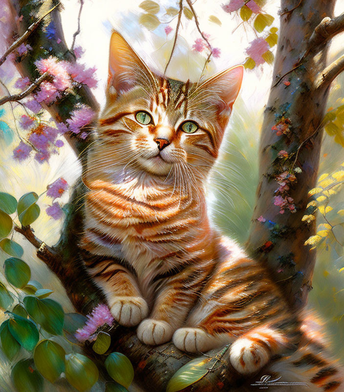 Orange Tabby Cat with Green Eyes on Tree Branch Surrounded by Flowers