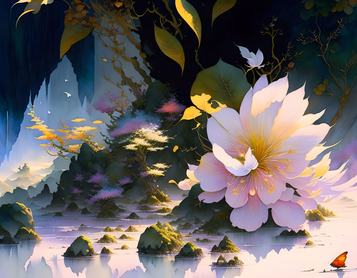 Fantasy landscape with oversized blooming flower, delicate foliage, reflective water, butterfly