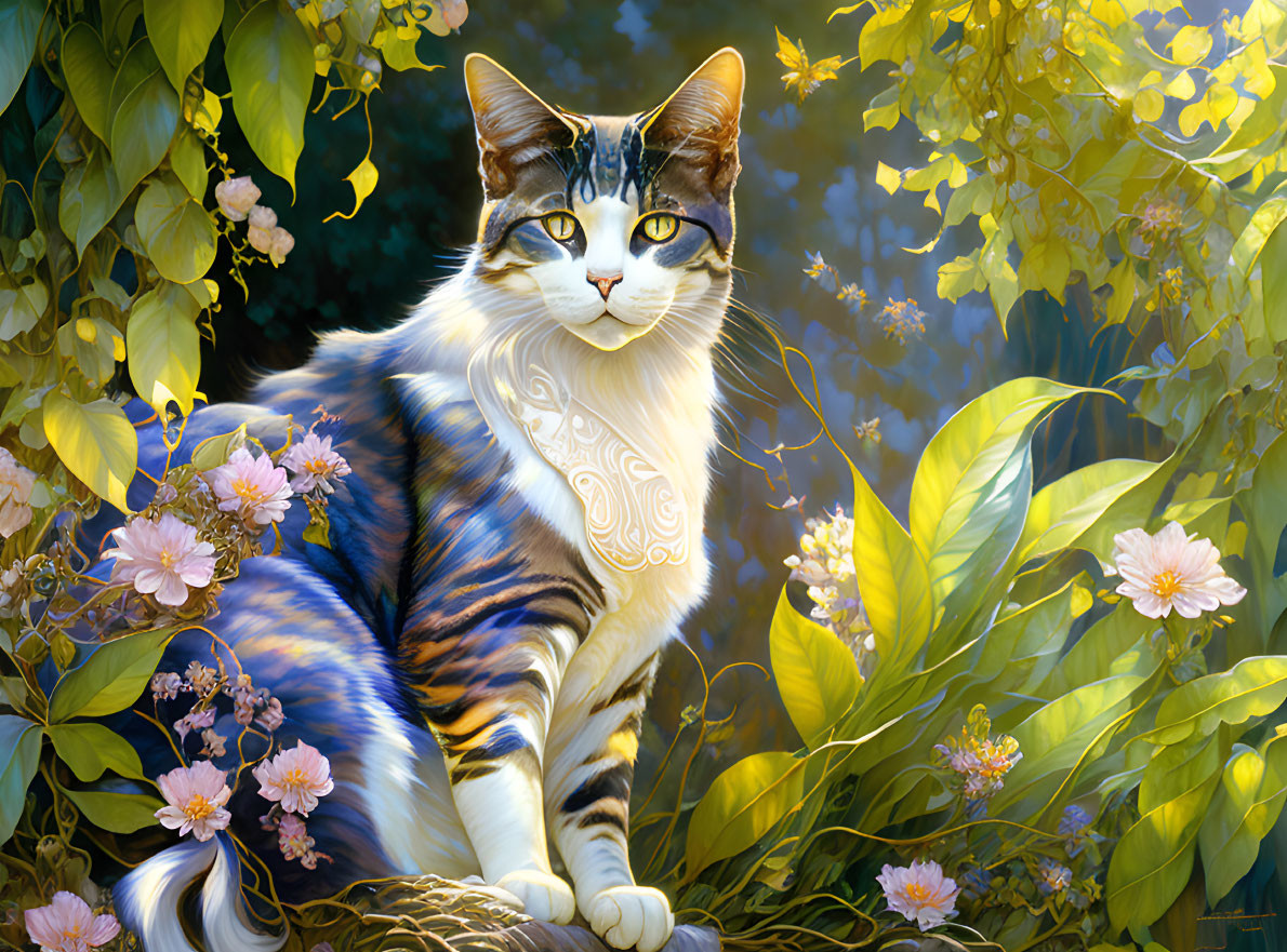 Majestic cat illustration in lush greenery with pink blooms