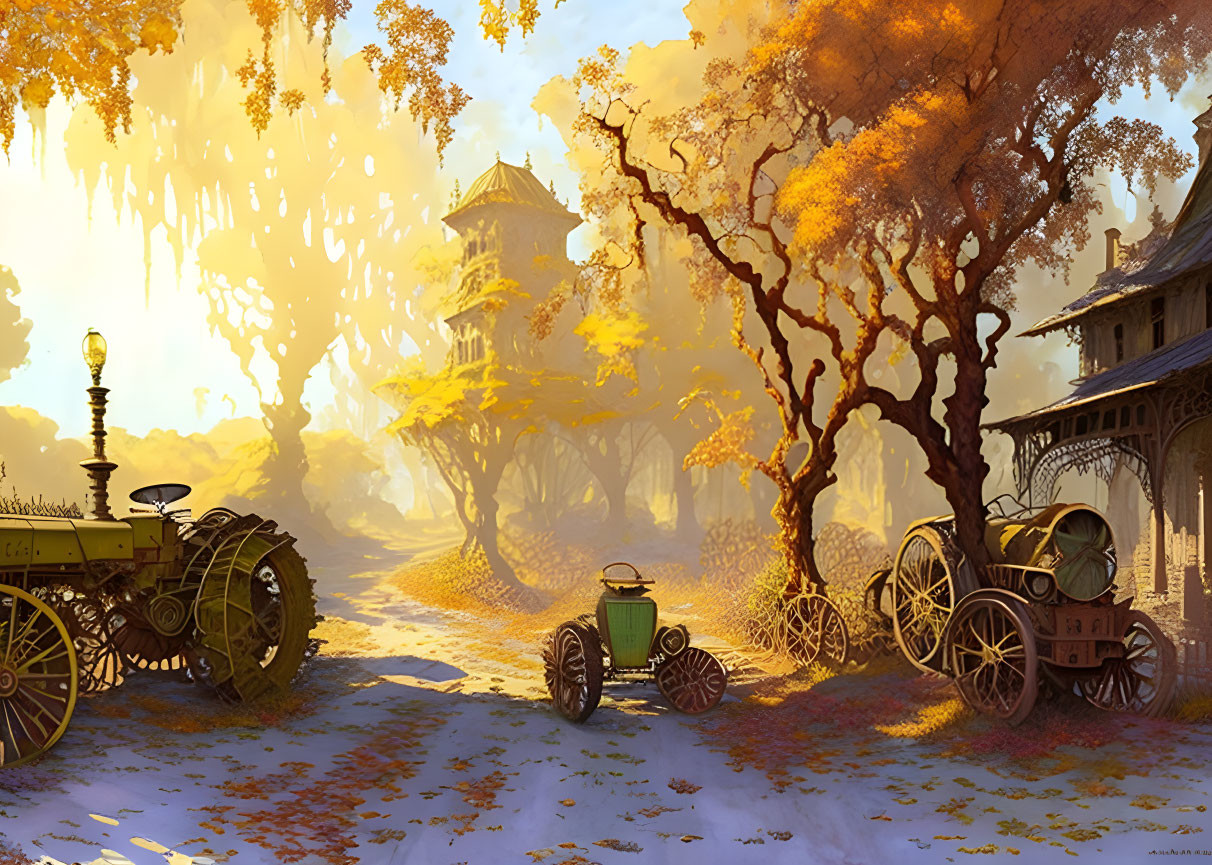 Golden-hued autumn scene with old-fashioned vehicles and a quaint tower surrounded by falling leaves