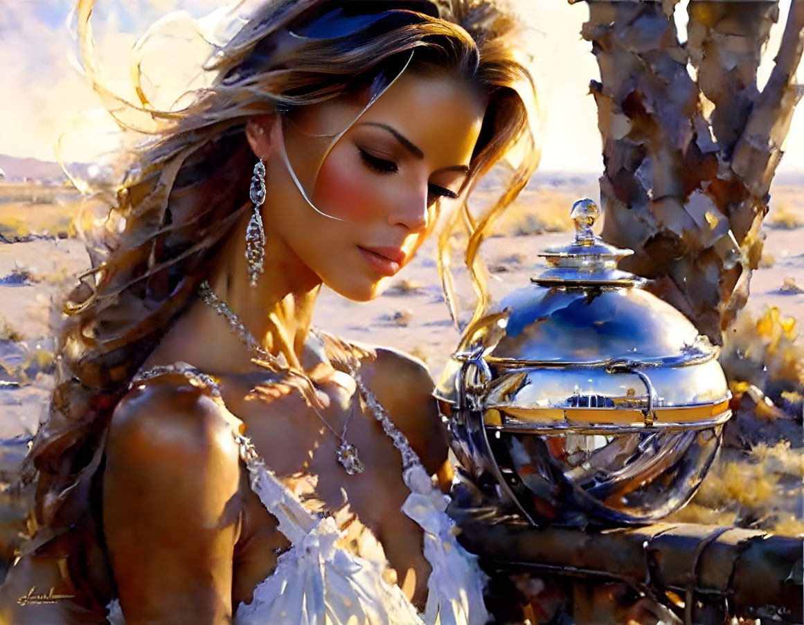 Woman in White Dress by Wooden Fence in Desert Setting with Silver Spherical Object