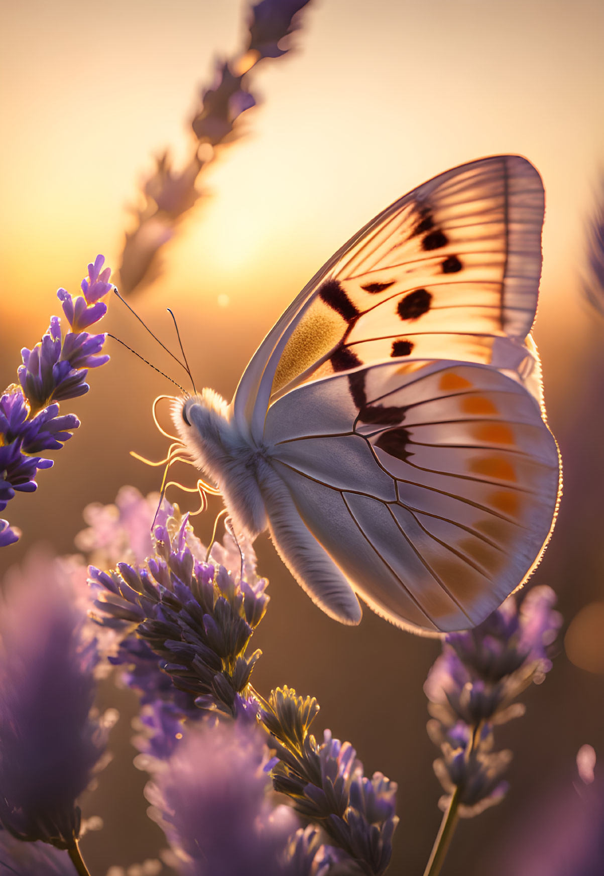 Translucent Butterfly on Lavender Flower at Dusk