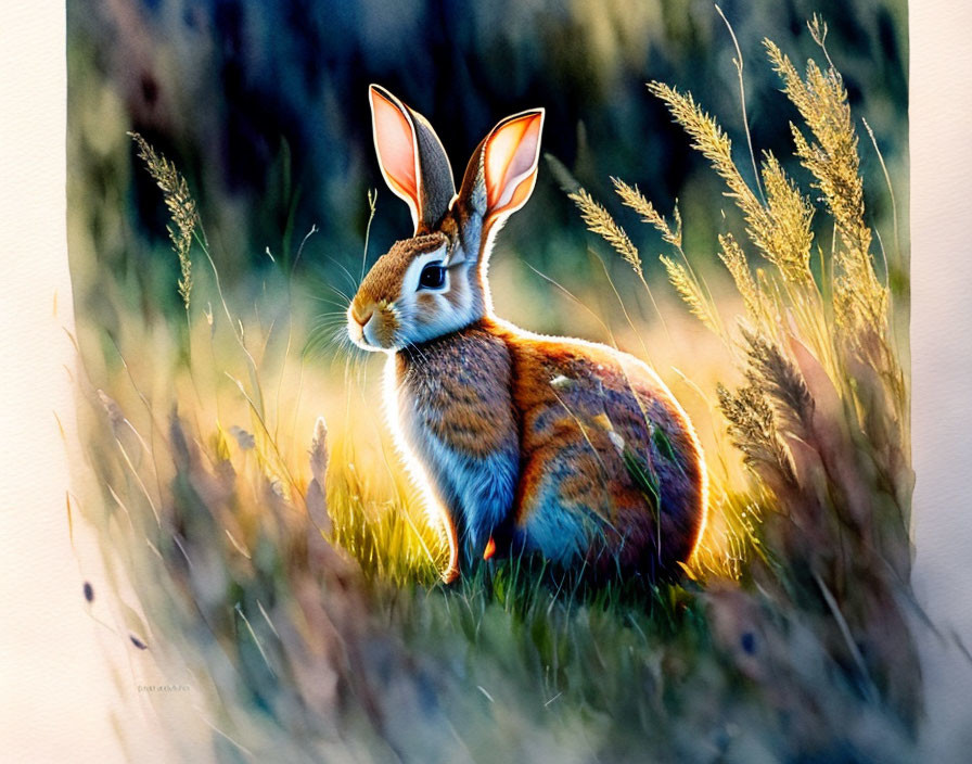 Rabbit in grassy field at sunset with glowing light