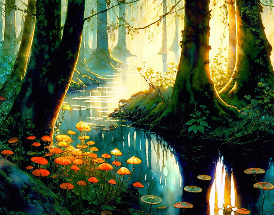 Enchanted forest with luminous mushrooms, serene blue stream, and sunbeams.