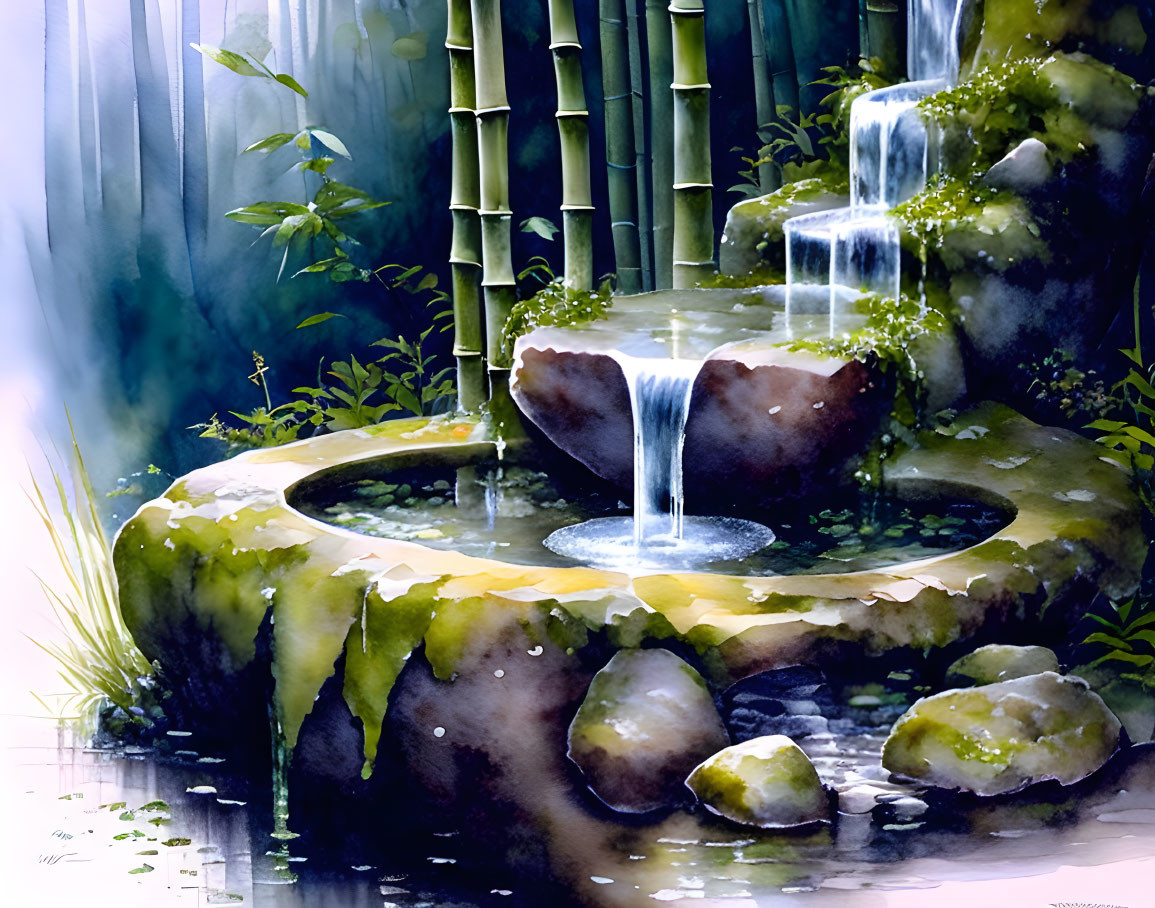 Tranquil watercolor painting of cascading waterfall in bamboo forest