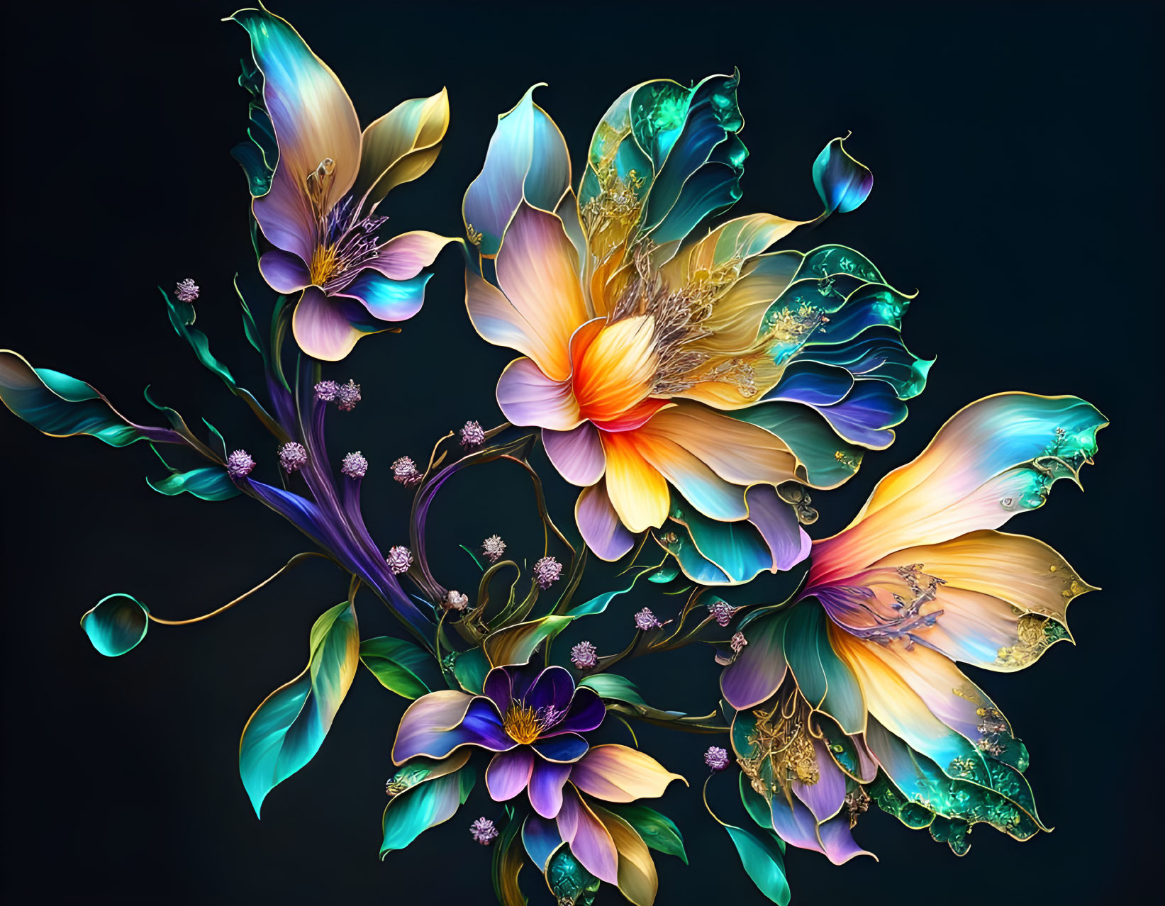 Colorful stylized flowers with glowing edges on a dark backdrop