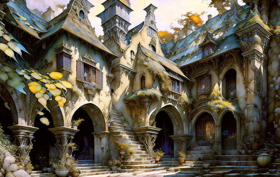 Enchanting Fantasy Manor with Ornate Rooftops and Oversized Mushrooms