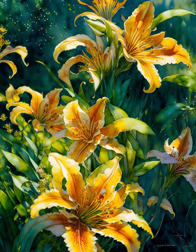 Yellow lilies with orange speckles in lush green foliage and floating lights