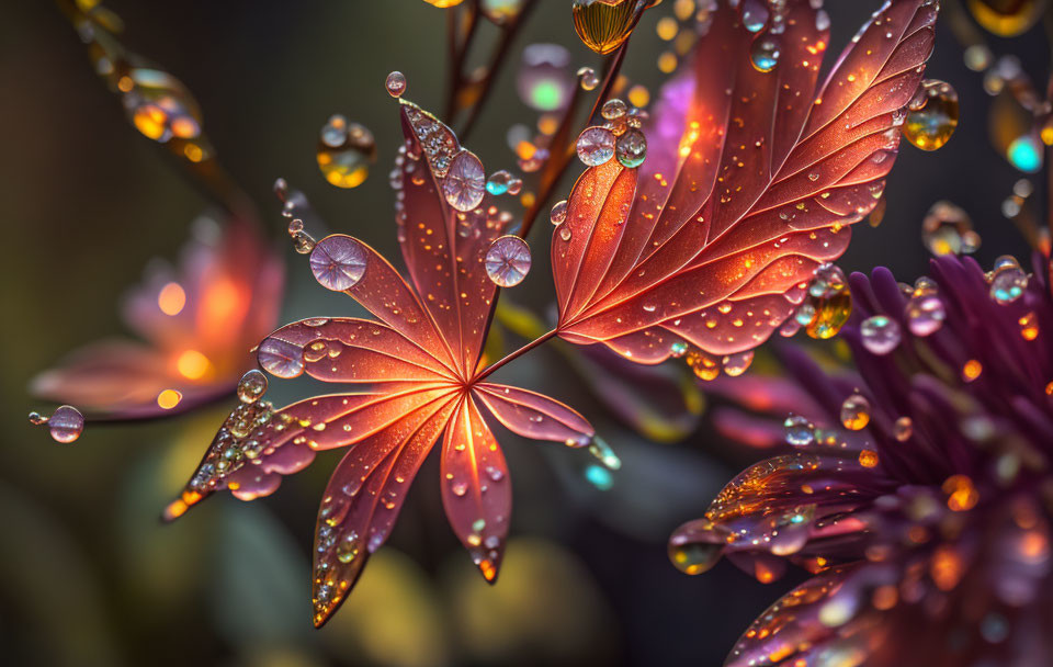 Macro shot of dew-covered red leaves with reflective water droplets.