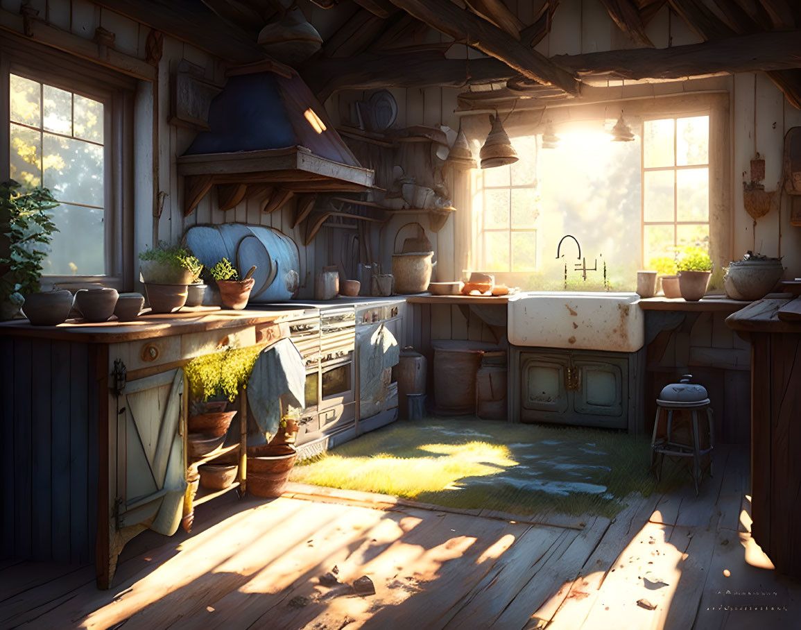 Sunlit Rustic Kitchen with Wooden Furniture & Potted Herbs