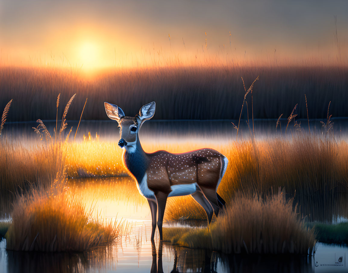 Tranquil wetlands scene: lone deer at sunset in orange glow