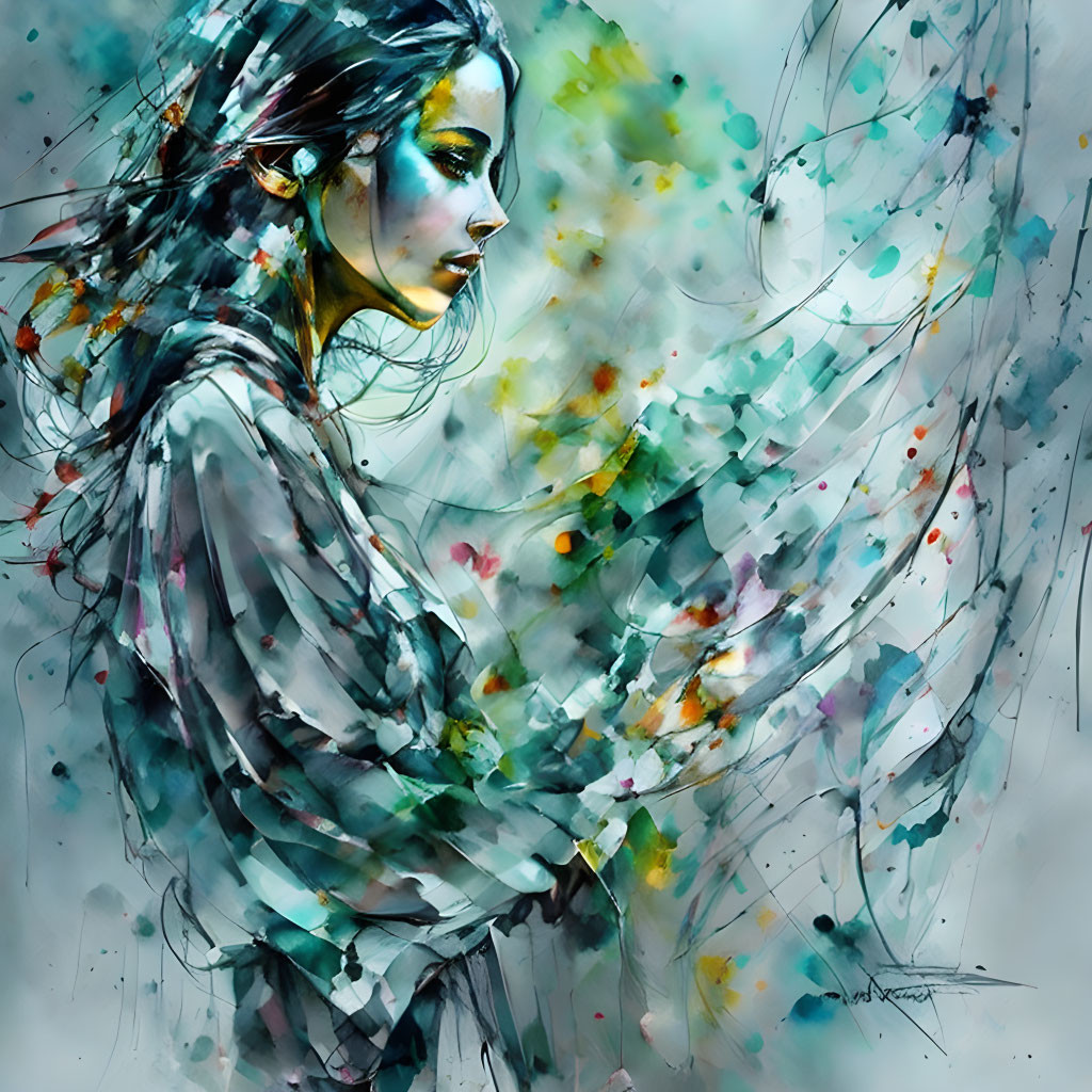 Vibrant abstract watercolor painting of woman in profile