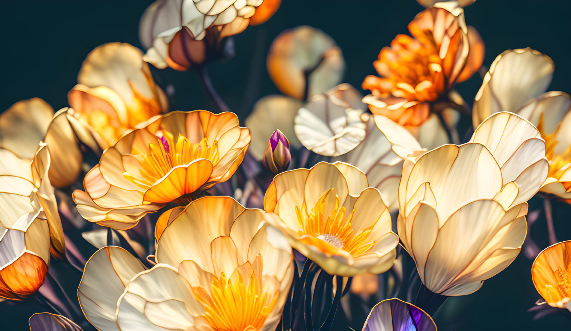 Orange and white flowers with translucent petals on dark background