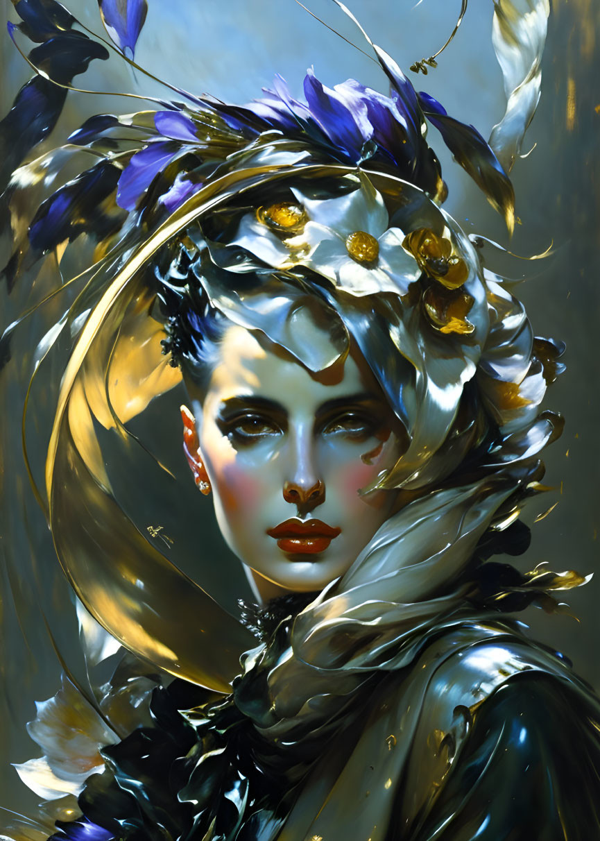 Portrait of woman with blue and golden floral hair adornment, emanating elegance and mystique.